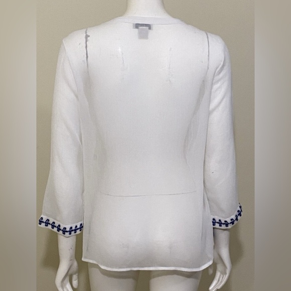 LUCKY BRAND | White & Blue Embroidered Peasant Sheer 3/4 Sleeve Top - Picture 10 of 13